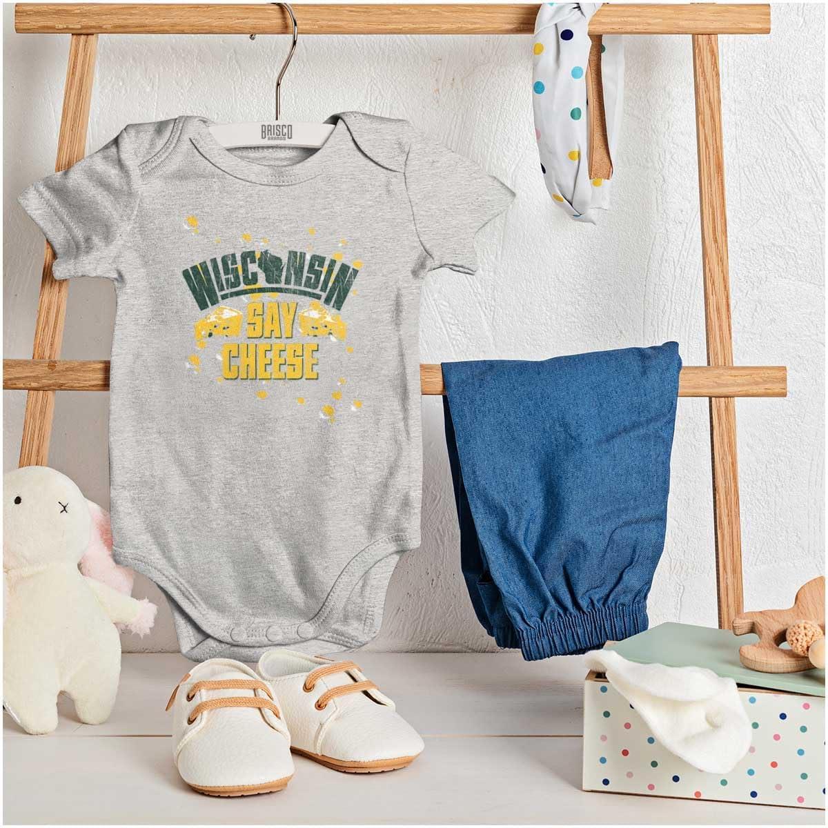 imageWisconsin Say Cheese State Shape Baby Romper Boys or GirlsHeather