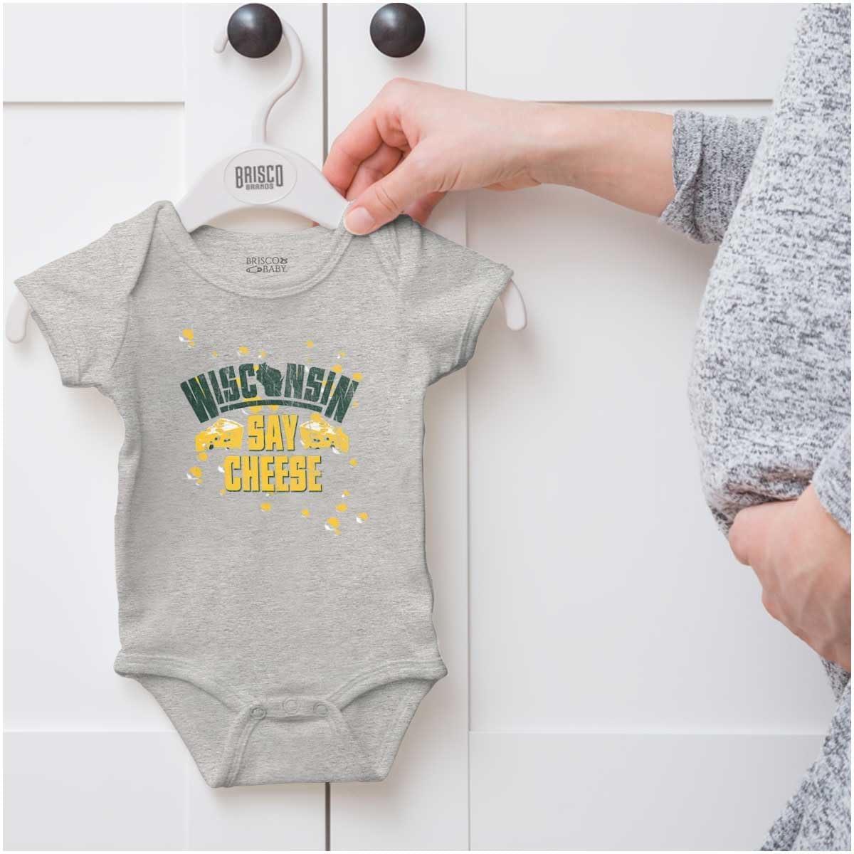 imageWisconsin Say Cheese State Shape Baby Romper Boys or GirlsHeather
