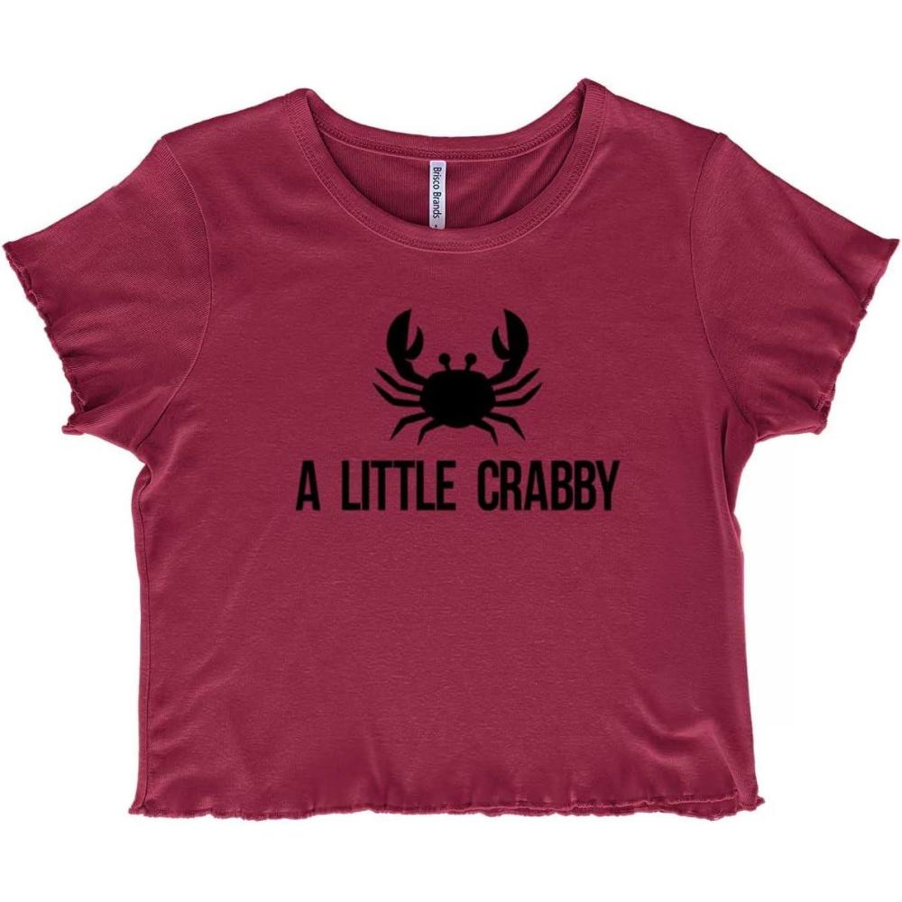 imageA Little Crabby Cranky Beach Lover Juniors Lettuce Trim Crop Top Womens Baby TeeBurgundy