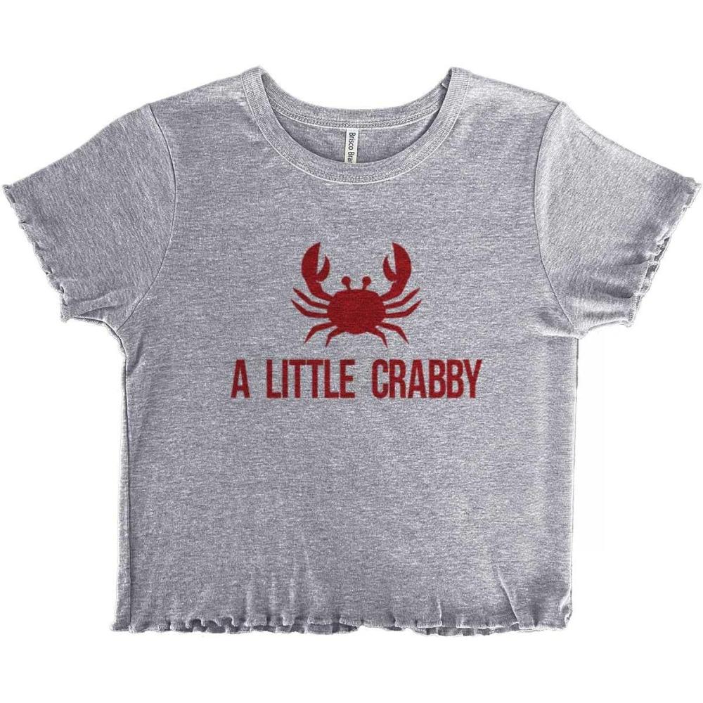 imageA Little Crabby Cranky Beach Lover Juniors Lettuce Trim Crop Top Womens Baby TeeSport Grey