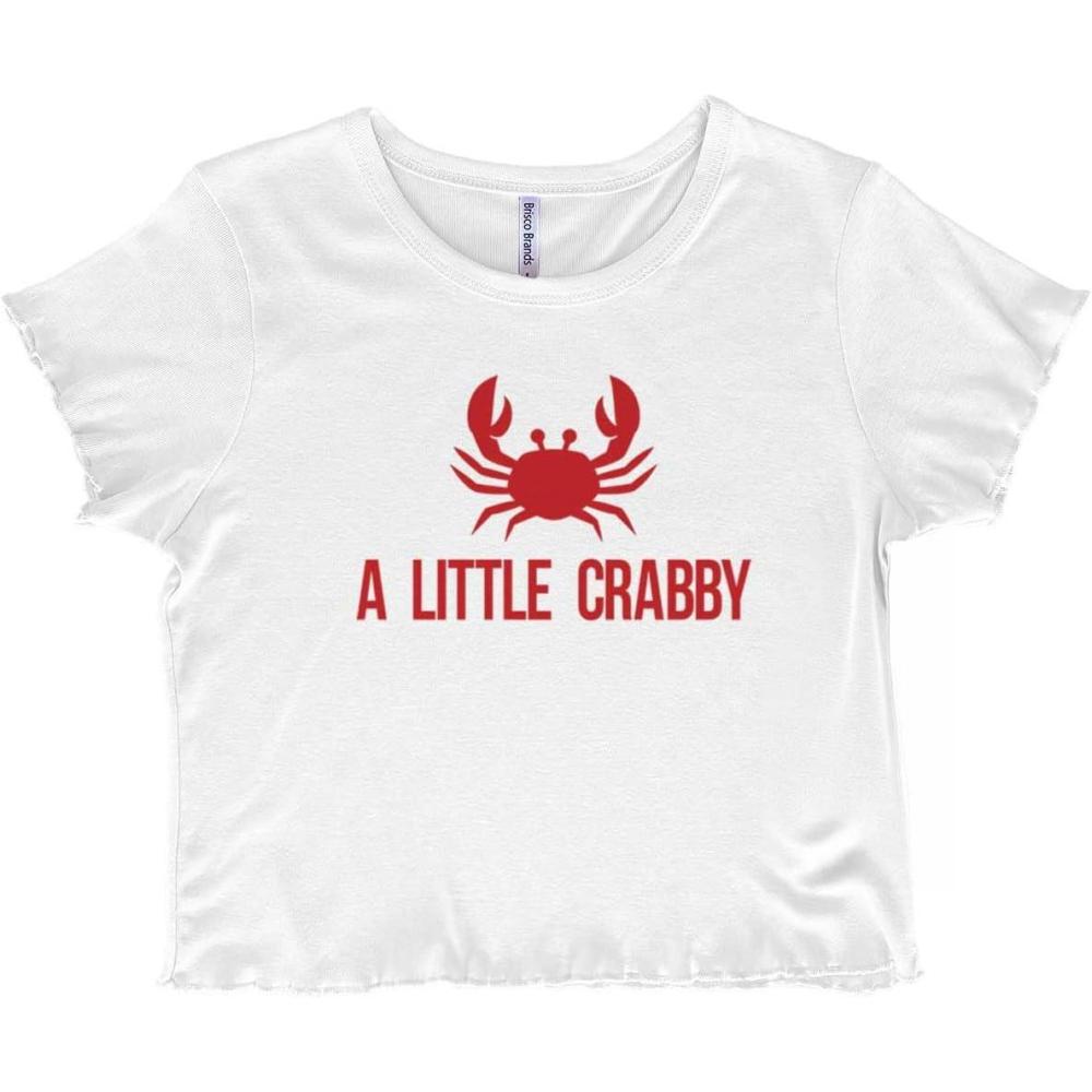 imageA Little Crabby Cranky Beach Lover Juniors Lettuce Trim Crop Top Womens Baby TeeWhite