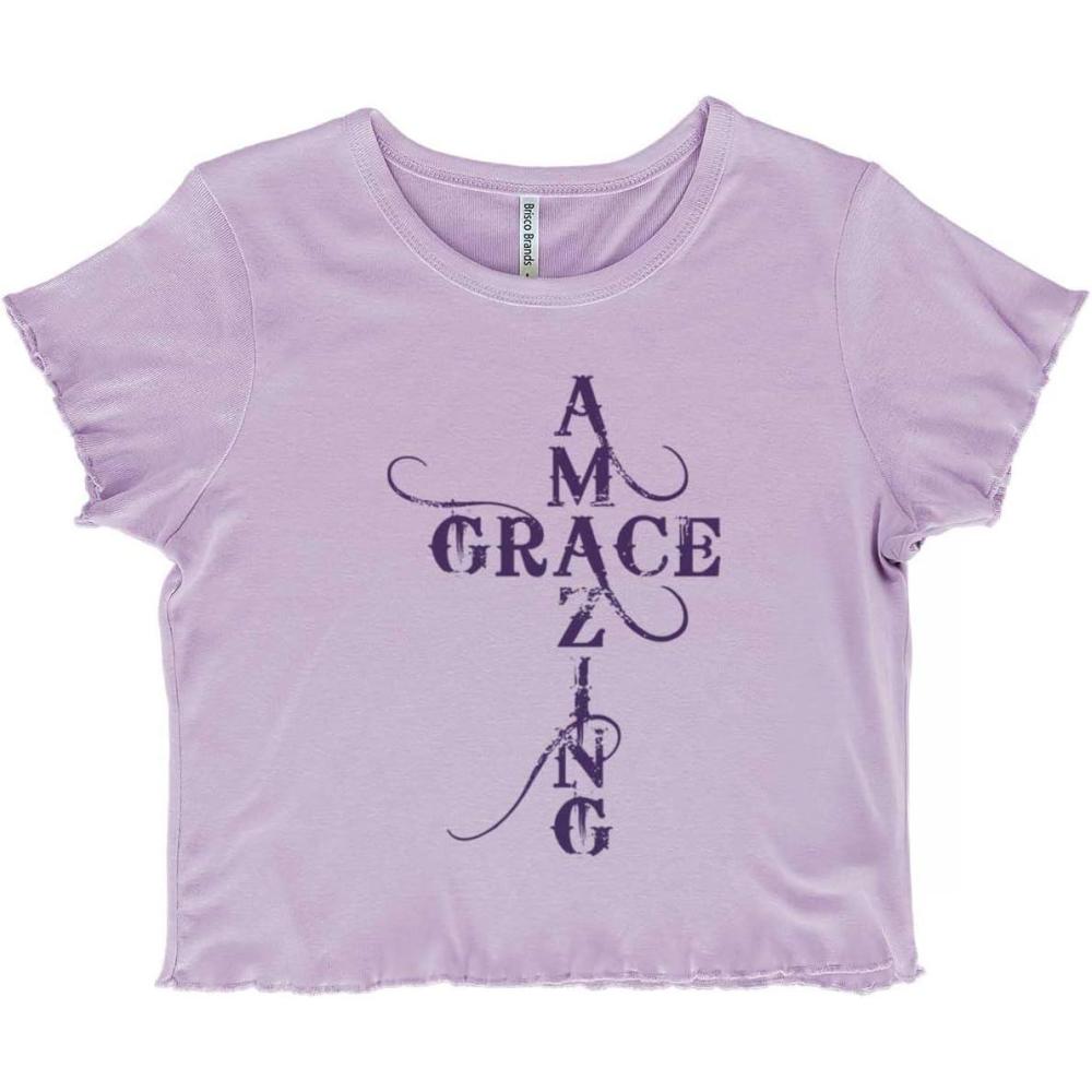 imageAmazing Grace Words in Cross Cute Juniors Lettuce Trim Crop Top Womens Baby TeeOrchid