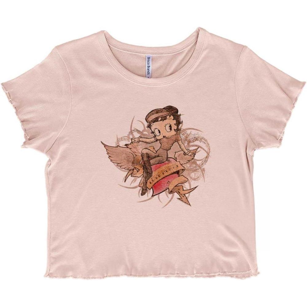 imageBetty Boop Cartoon Love Hurts Tattoo Juniors Lettuce Trim Crop Top Womens Baby TeeBlush