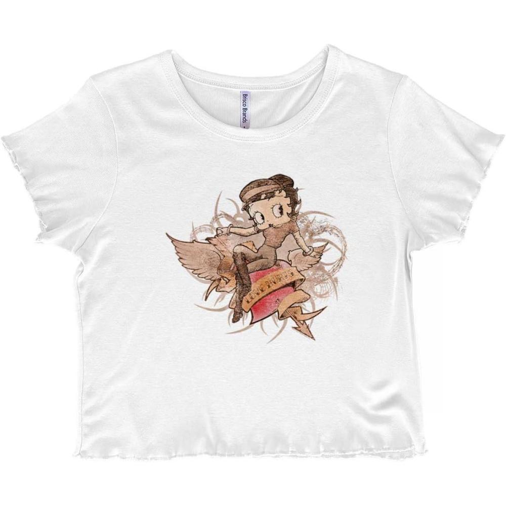 imageBetty Boop Cartoon Love Hurts Tattoo Juniors Lettuce Trim Crop Top Womens Baby TeeWhite