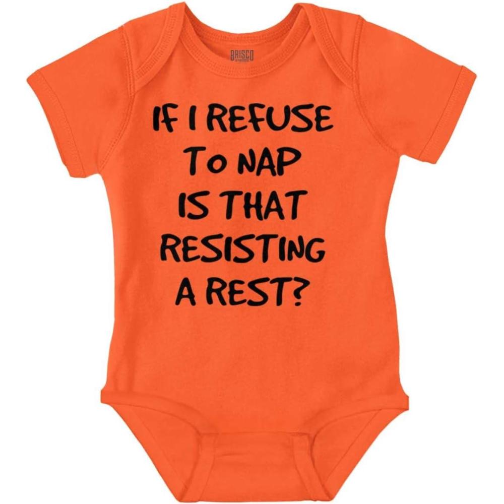 imageBrisco Brands 9 Months Inside Resisting A Rest Funny Baby Romper Boys or GirlsResisting a Rest Orange