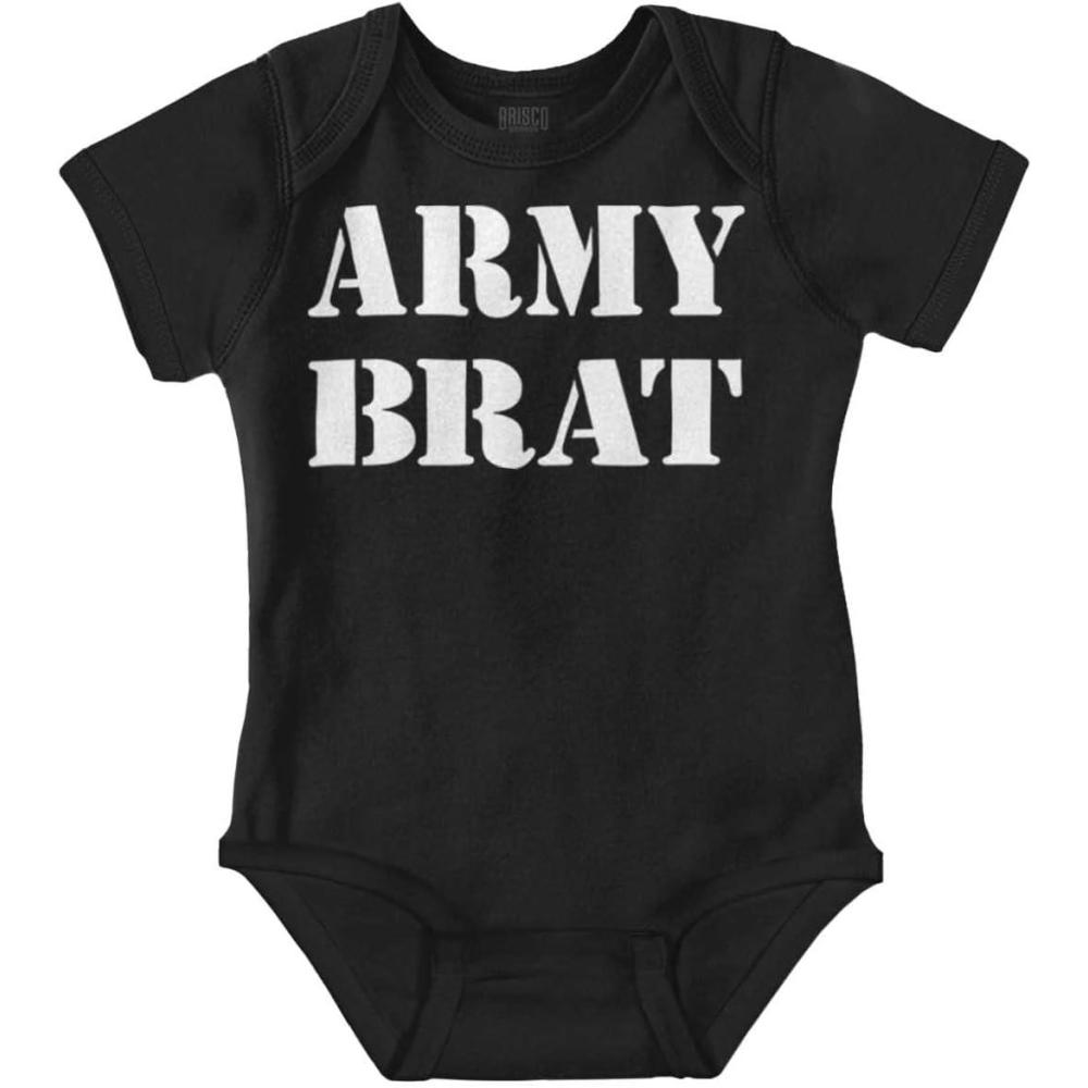 imageBrisco Brands Army Brat Funny Military USA Child Baby Romper Boys or GirlsBlack