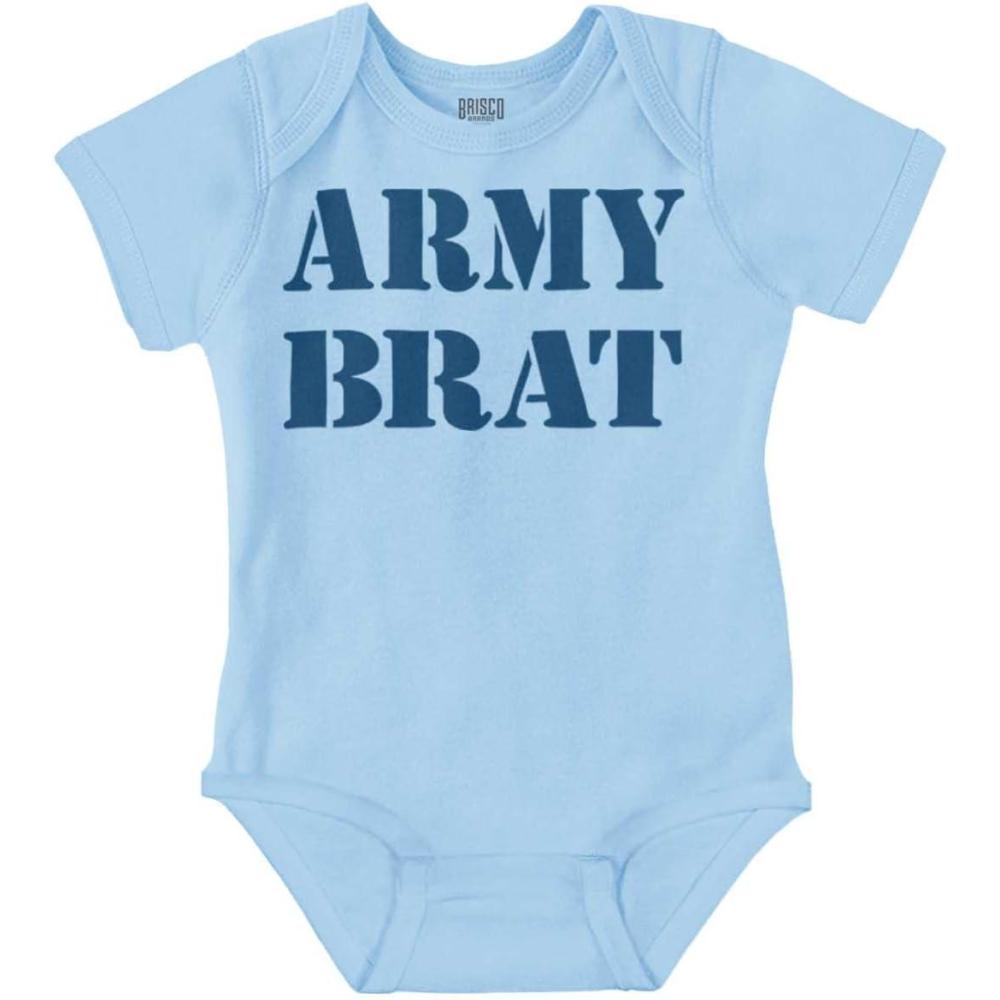 imageBrisco Brands Army Brat Funny Military USA Child Baby Romper Boys or GirlsLight Blue