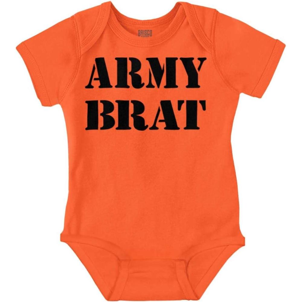 imageBrisco Brands Army Brat Funny Military USA Child Baby Romper Boys or GirlsOrange