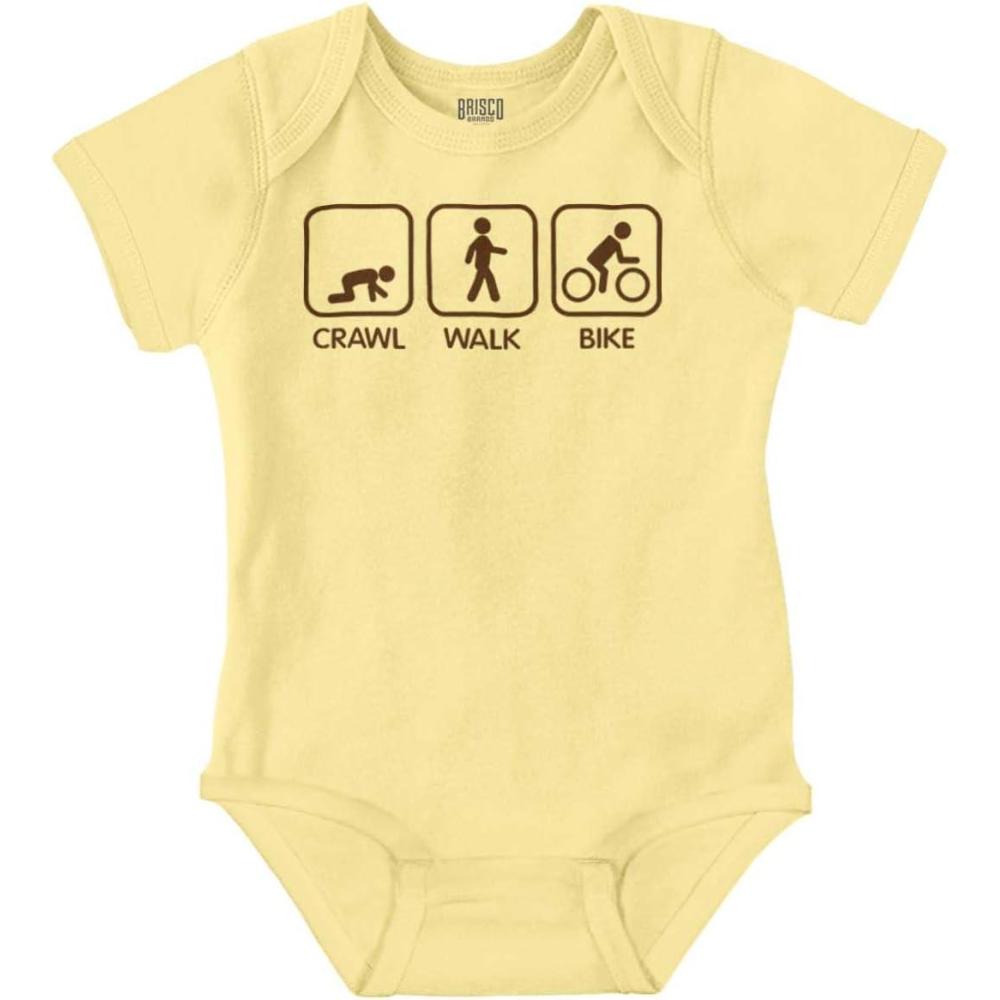 imageBrisco Brands Crawl Walk Bike Street Sign Humor Baby Romper Boys or GirlsBanana