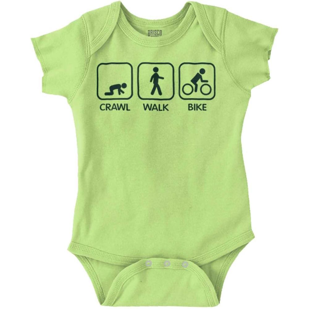 imageBrisco Brands Crawl Walk Bike Street Sign Humor Baby Romper Boys or GirlsKey Lime
