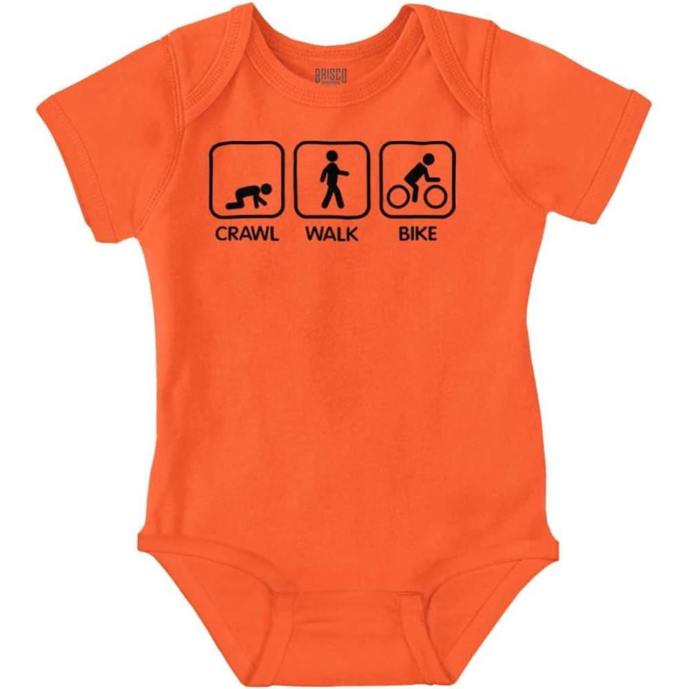 imageBrisco Brands Crawl Walk Bike Street Sign Humor Baby Romper Boys or GirlsOrange