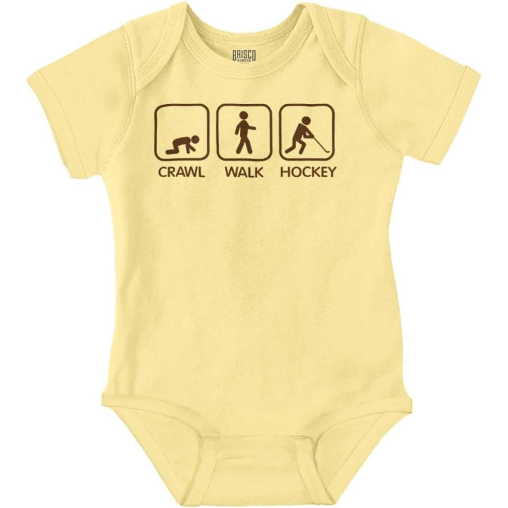 imageBrisco Brands Crawl Walk Hockey Street Sign Humor Baby Romper Boys or GirlsBanana