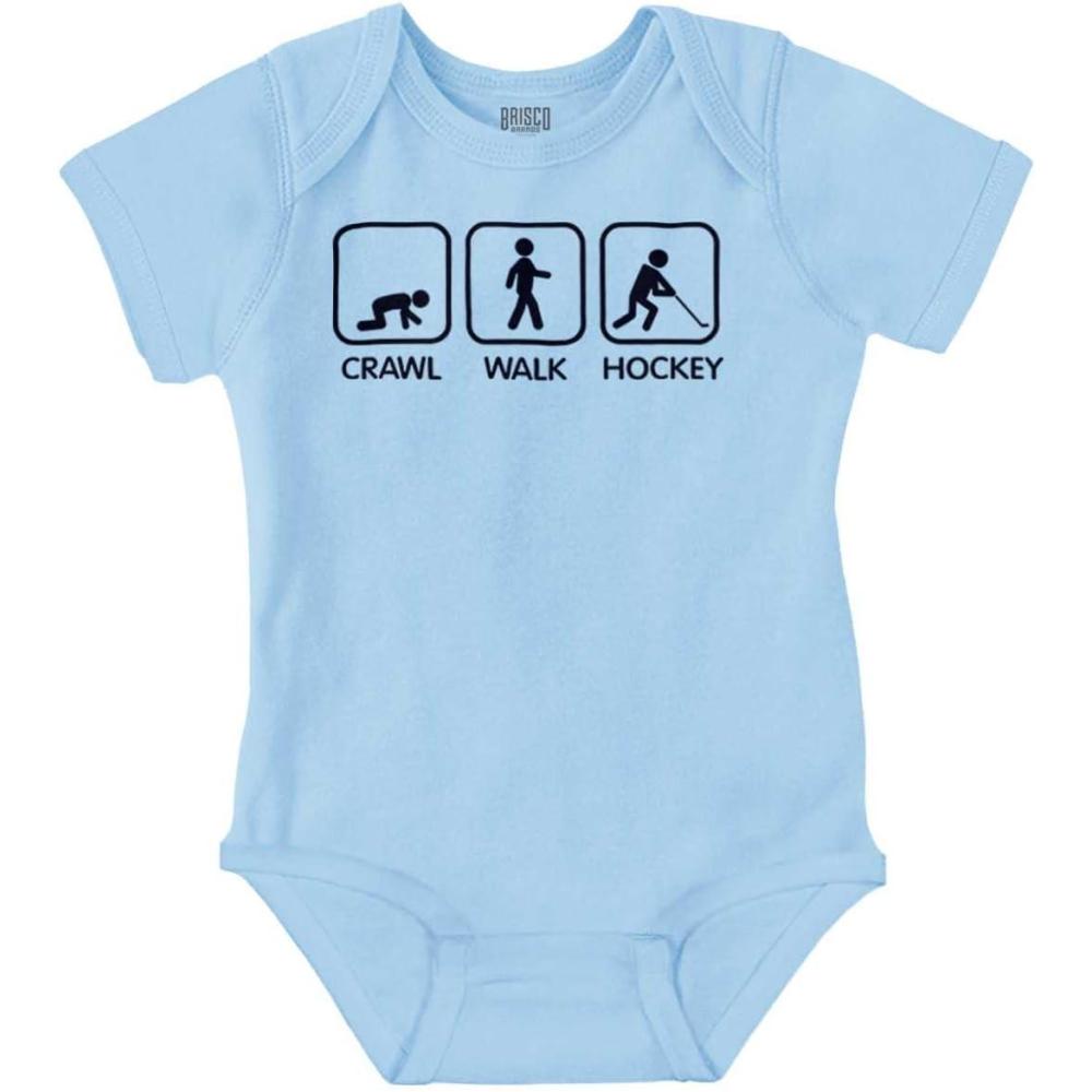 imageBrisco Brands Crawl Walk Hockey Street Sign Humor Baby Romper Boys or GirlsLight Blue