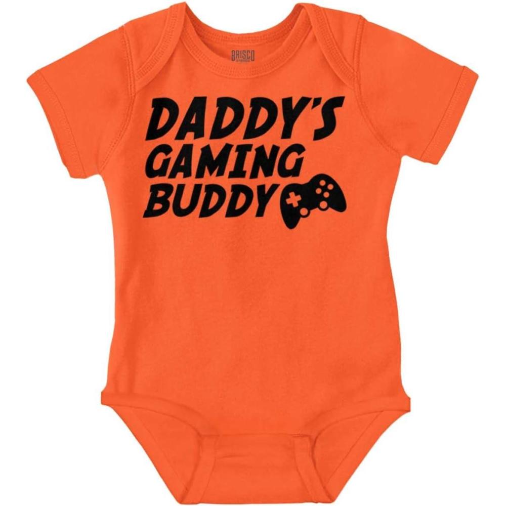 imageBrisco Brands Cute Daddys Gaming Buddy Gamer Dad Baby Romper Boys or GirlsOrange