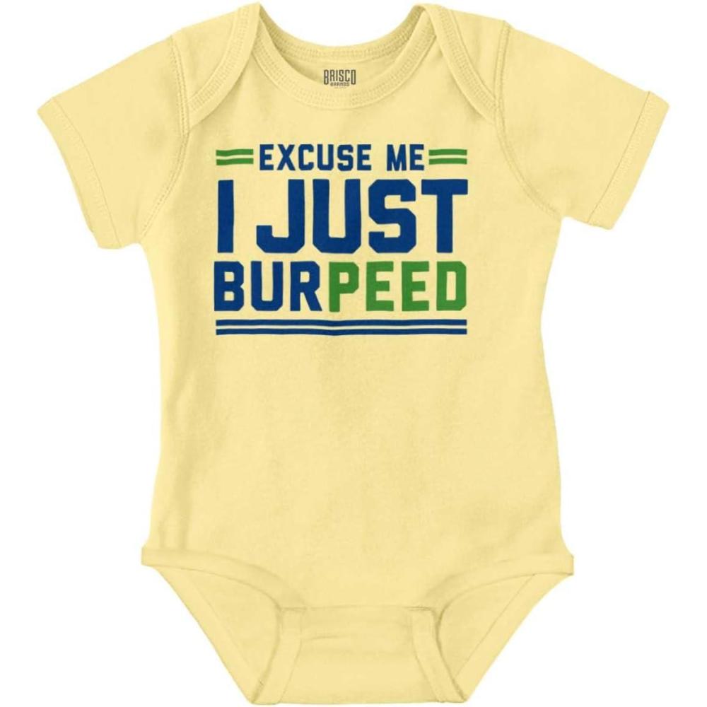 imageBrisco Brands Excuse Me I Just Burpeed Workout Baby Romper Boys or GirlsBanana