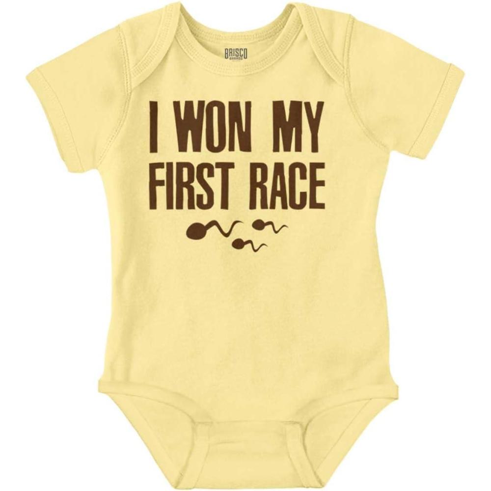 imageBrisco Brands Funny I Won My First Race Joke Baby Romper Boys or GirlsBanana