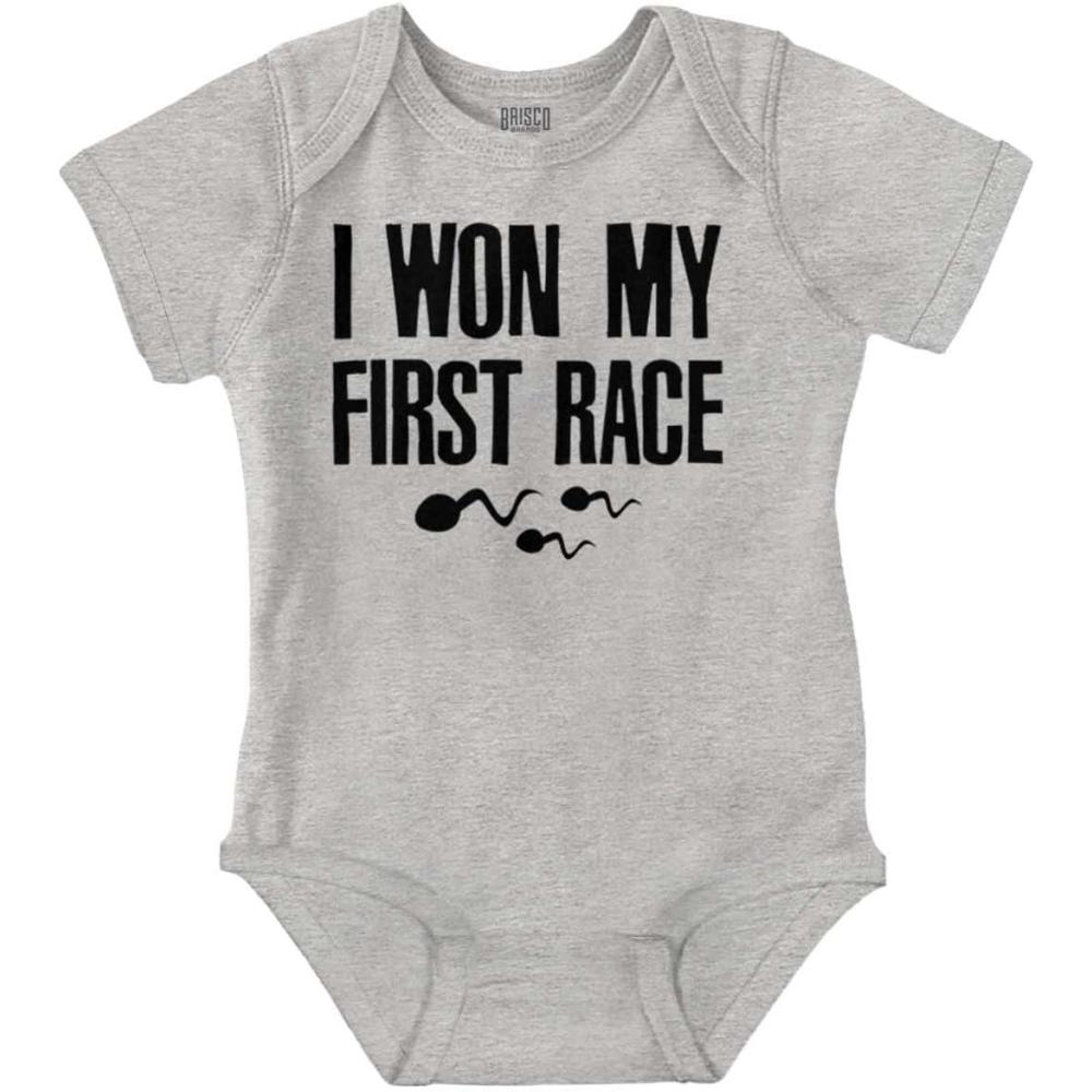 imageBrisco Brands Funny I Won My First Race Joke Baby Romper Boys or GirlsHeather