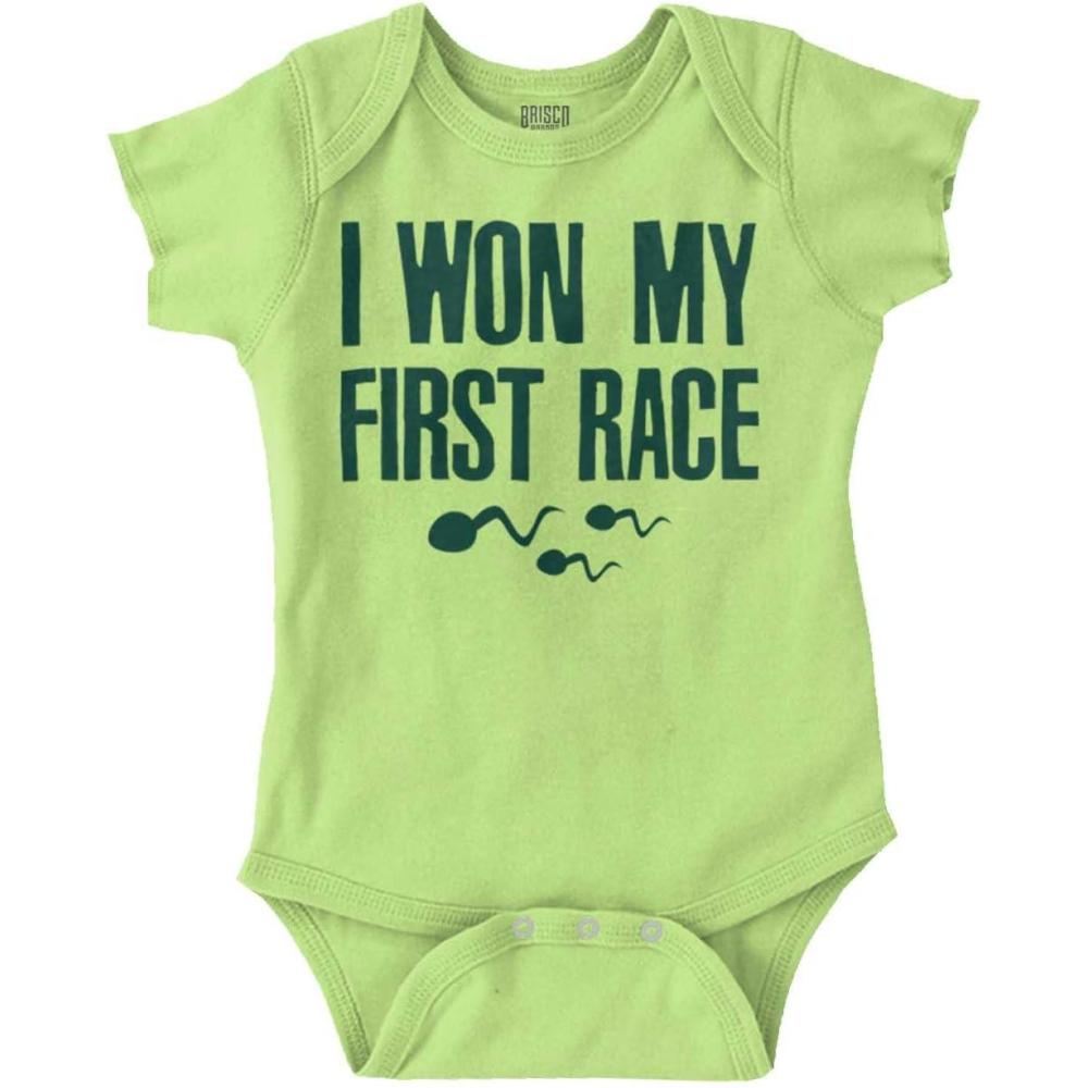imageBrisco Brands Funny I Won My First Race Joke Baby Romper Boys or GirlsKey Lime