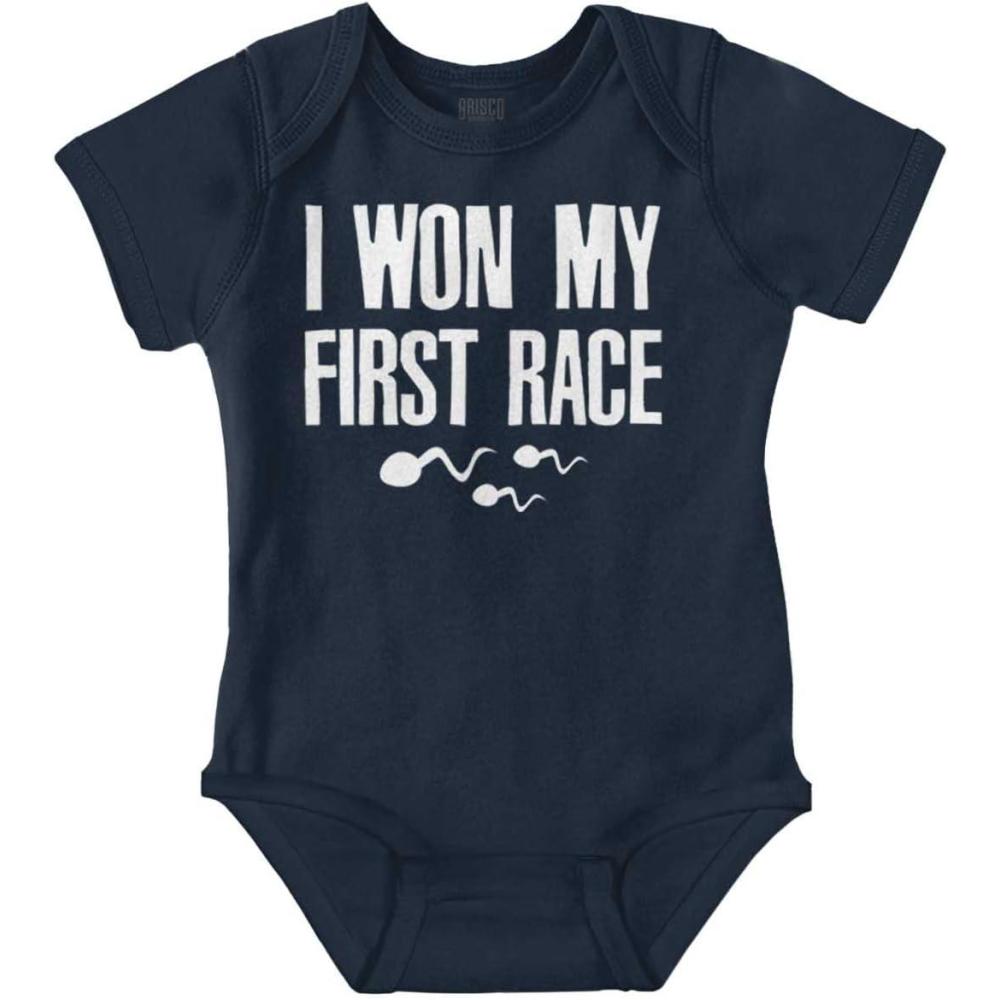 imageBrisco Brands Funny I Won My First Race Joke Baby Romper Boys or GirlsNavy