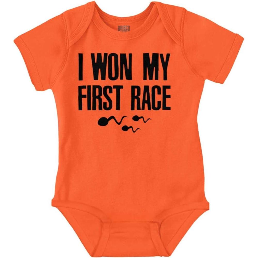 imageBrisco Brands Funny I Won My First Race Joke Baby Romper Boys or GirlsOrange
