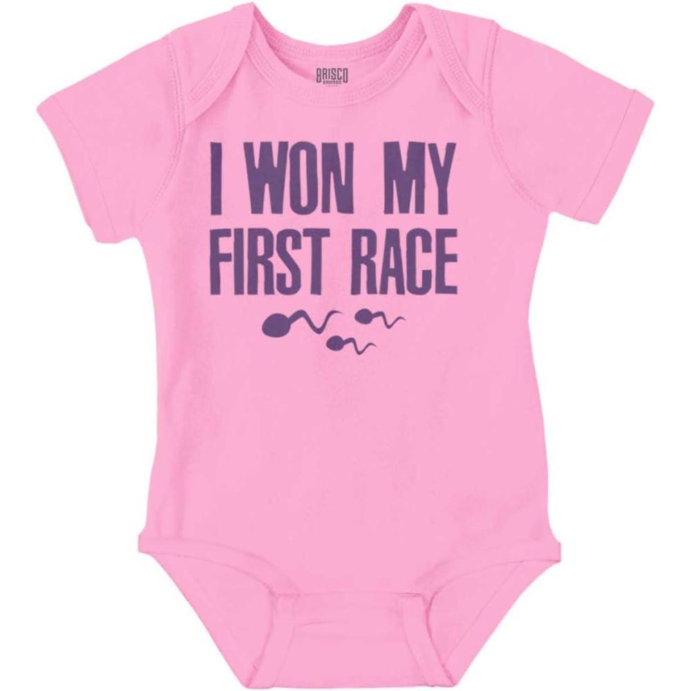 imageBrisco Brands Funny I Won My First Race Joke Baby Romper Boys or GirlsPink