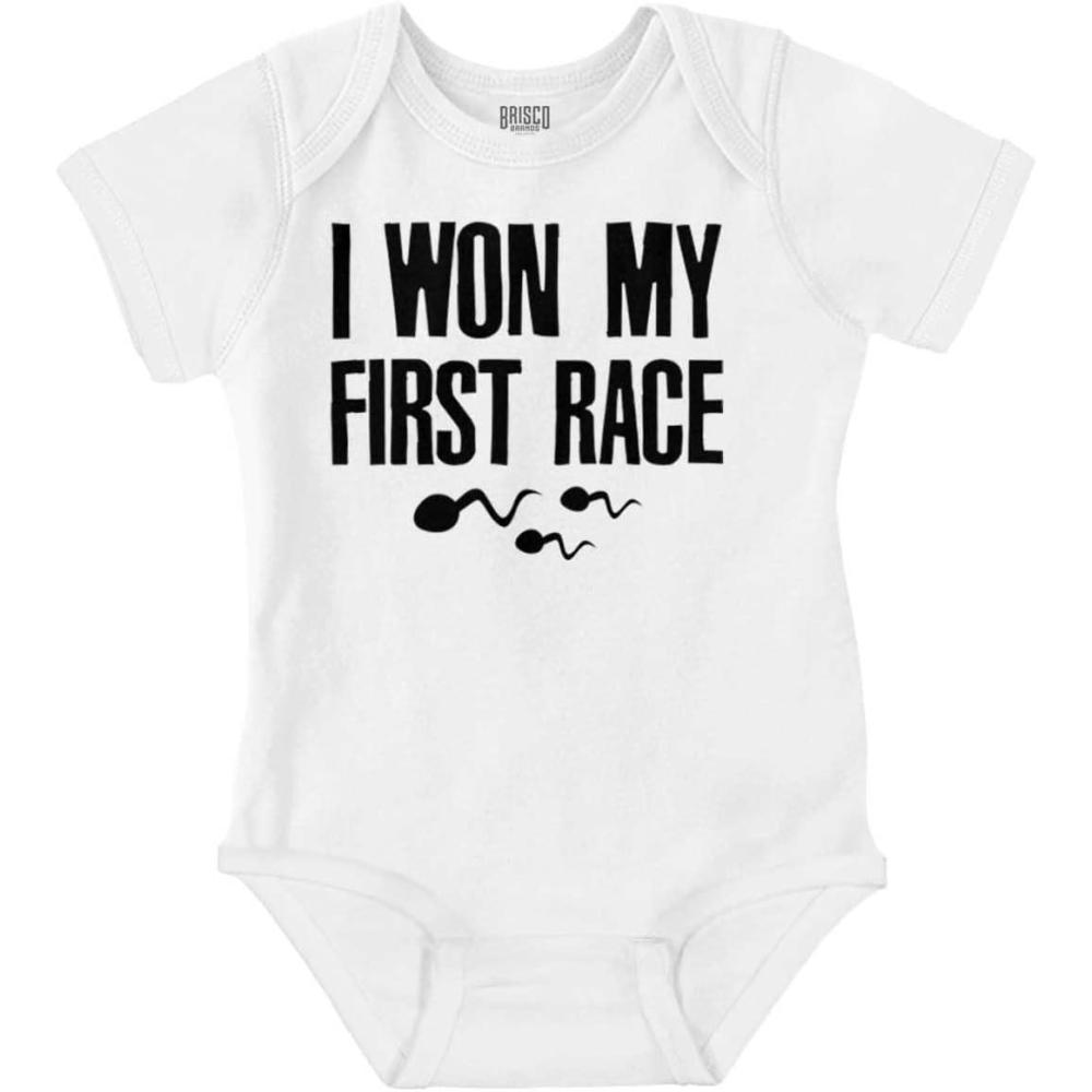 imageBrisco Brands Funny I Won My First Race Joke Baby Romper Boys or GirlsWhite