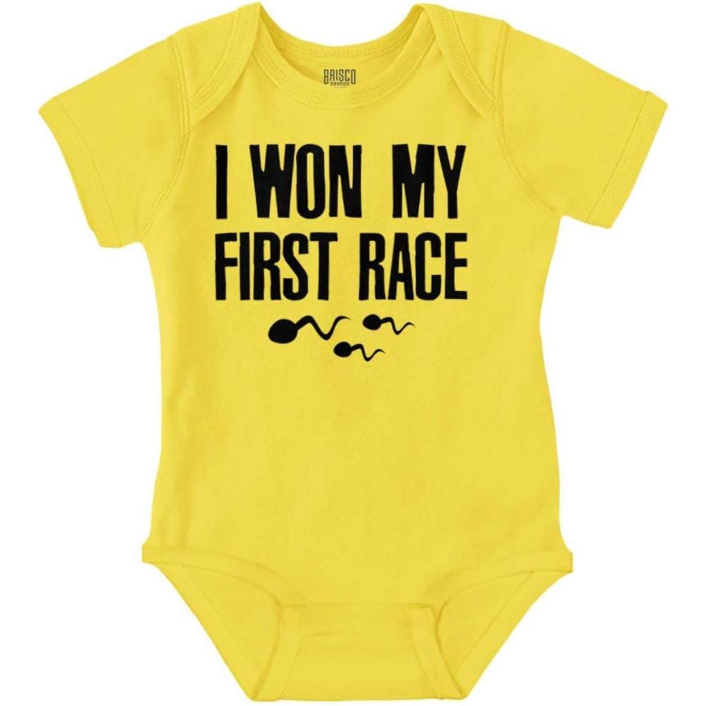 imageBrisco Brands Funny I Won My First Race Joke Baby Romper Boys or GirlsZest
