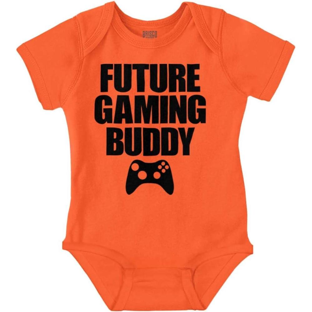 imageBrisco Brands Future Gaming Buddy Gamer Dad Joke Baby Romper Boys or GirlsOrange