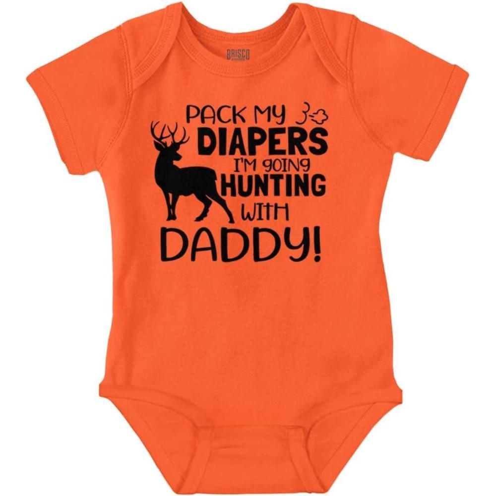 imageBrisco Brands Future Outdoor Buddy Fishing Hunting Baby Romper Boys or GirlsHunting With Daddy Orange