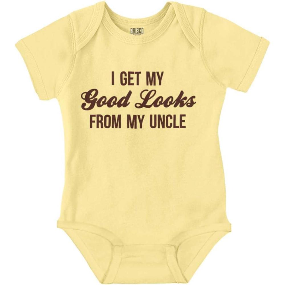 imageBrisco Brands I Get My Good Looks From My Uncle Baby Romper Boys or GirlsBanana