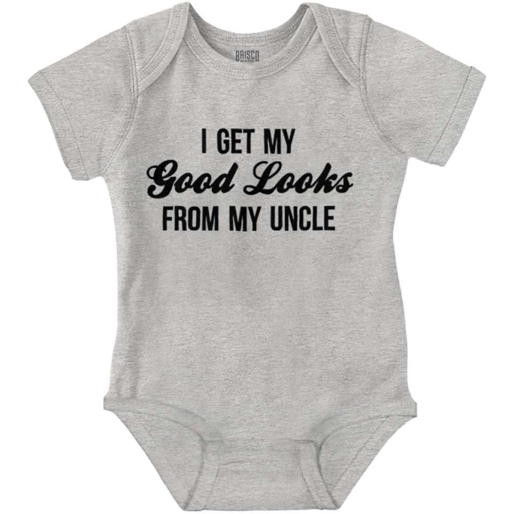 imageBrisco Brands I Get My Good Looks From My Uncle Baby Romper Boys or GirlsHeather