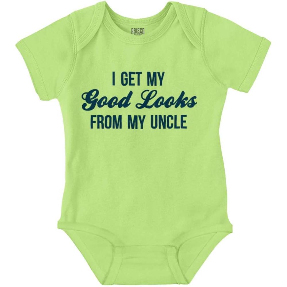 imageBrisco Brands I Get My Good Looks From My Uncle Baby Romper Boys or GirlsKey Lime