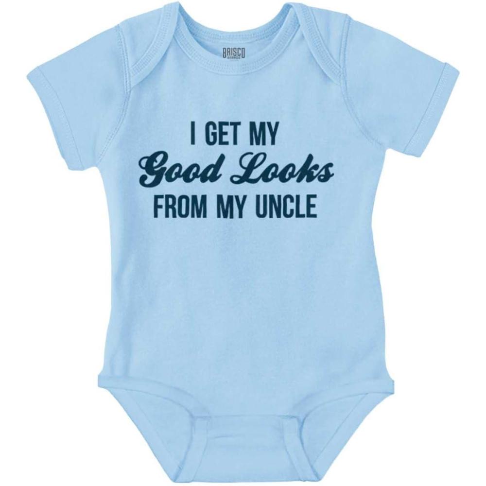 imageBrisco Brands I Get My Good Looks From My Uncle Baby Romper Boys or GirlsLight Blue