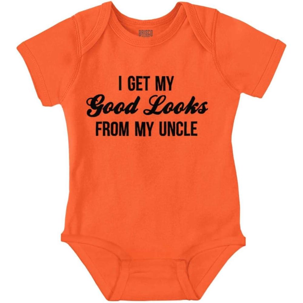 imageBrisco Brands I Get My Good Looks From My Uncle Baby Romper Boys or GirlsOrange