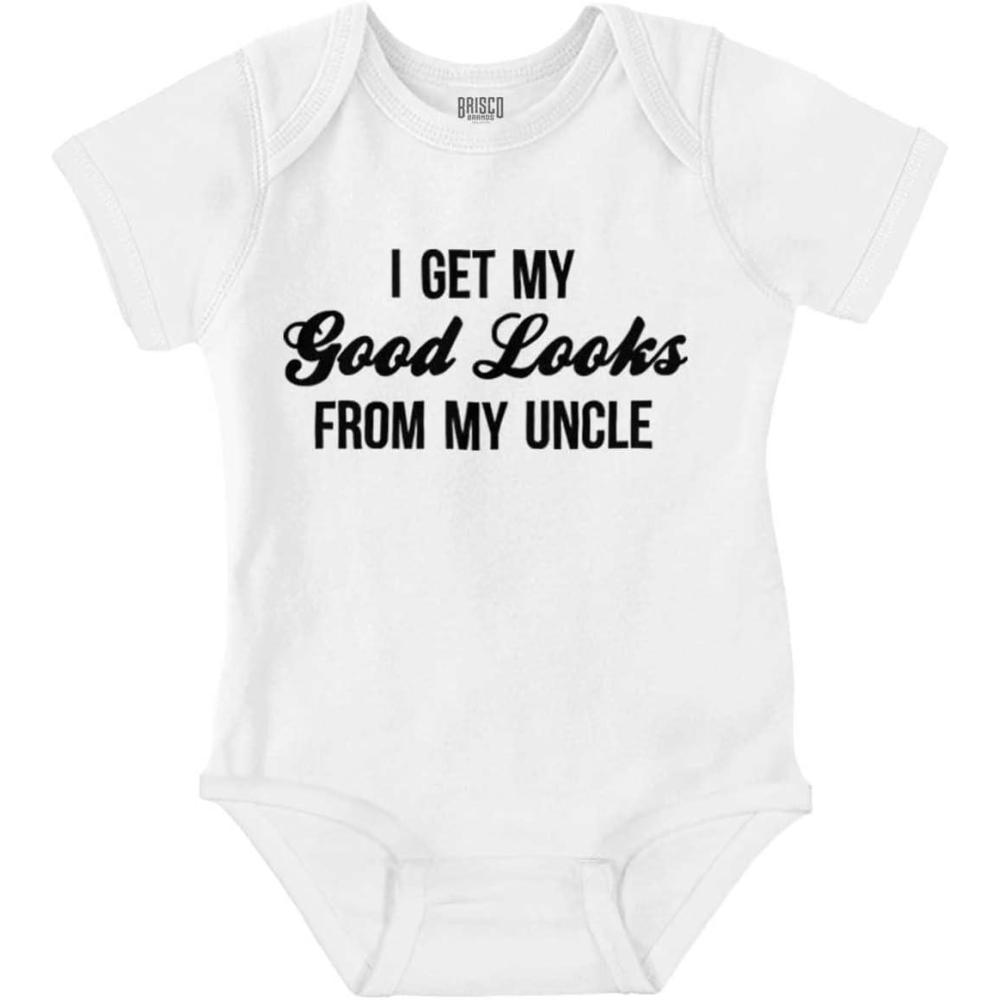 imageBrisco Brands I Get My Good Looks From My Uncle Baby Romper Boys or GirlsWhite