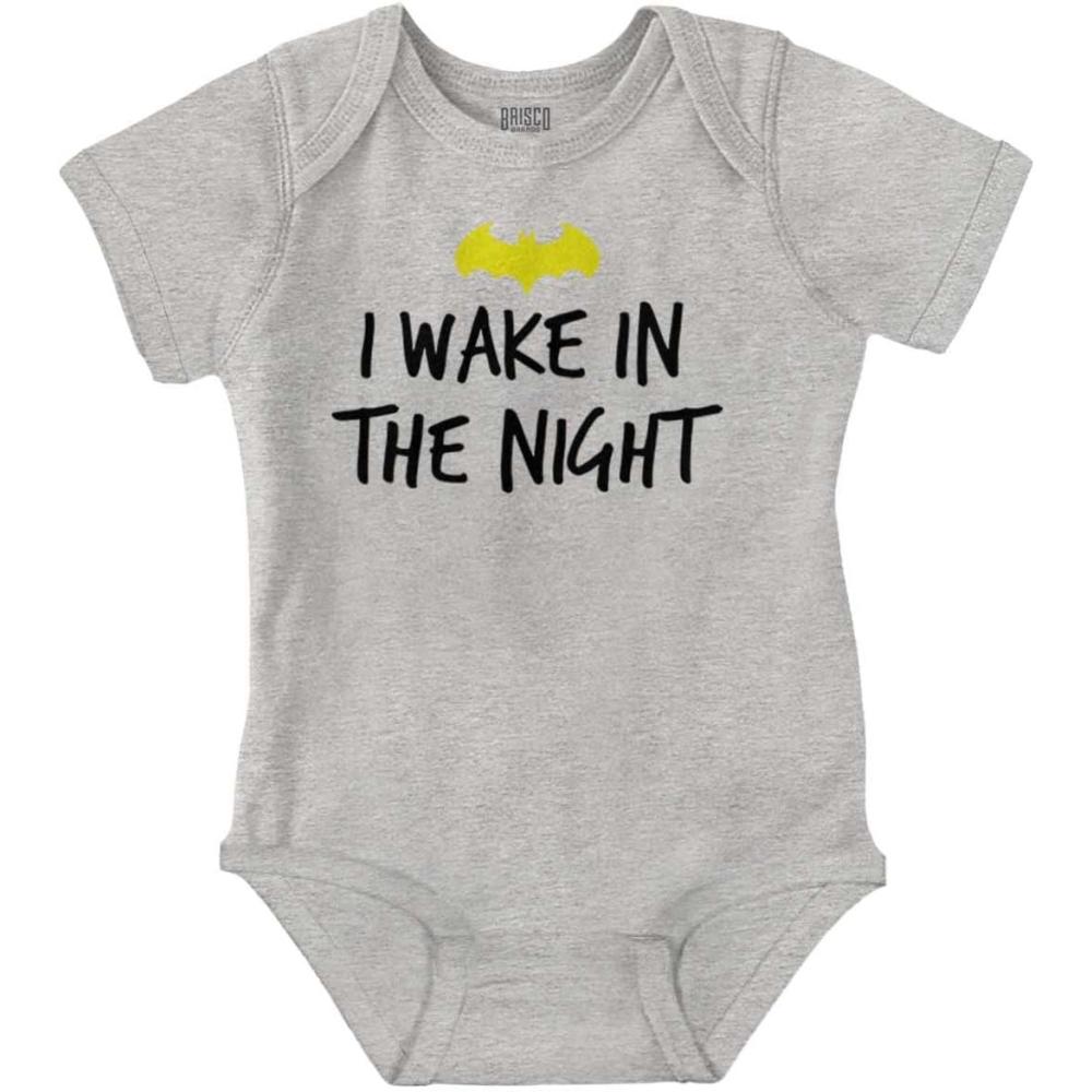 imageBrisco Brands I Wake in the Night Superhero Bat Baby Romper Boys or GirlsHeather