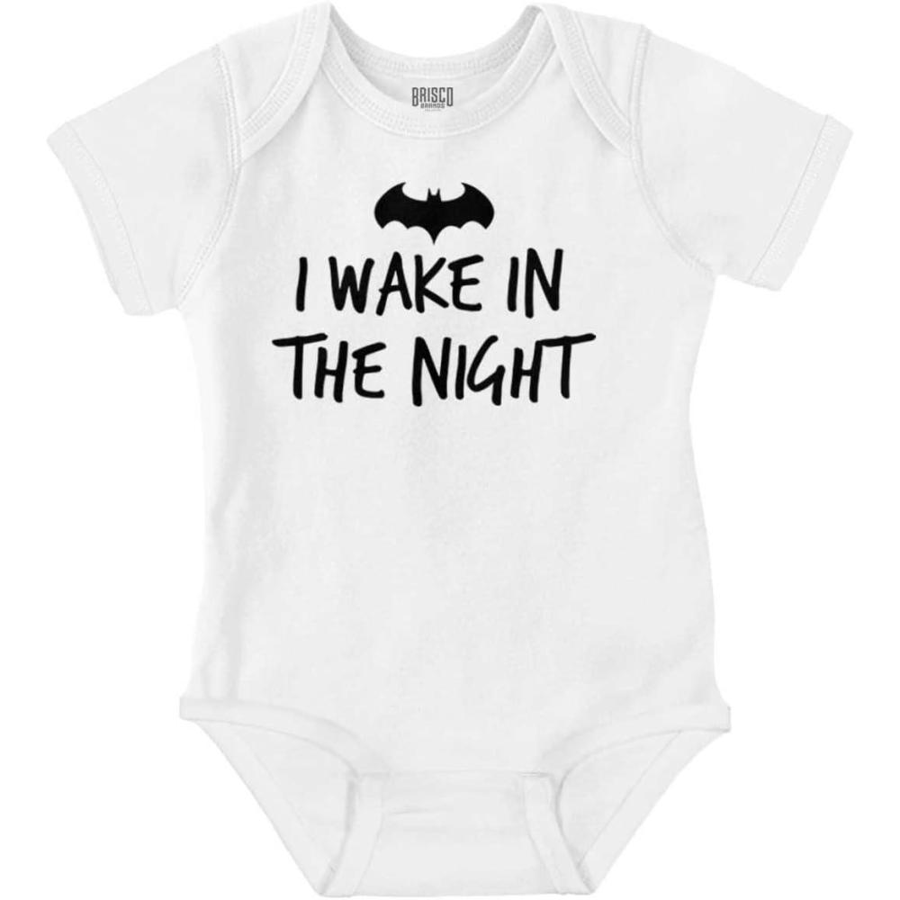 imageBrisco Brands I Wake in the Night Superhero Bat Baby Romper Boys or GirlsWhite