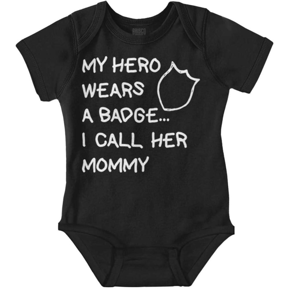 imageBrisco Brands My Hero Wears Badge I Call Her Mommy Baby Romper Boys or GirlsBlack