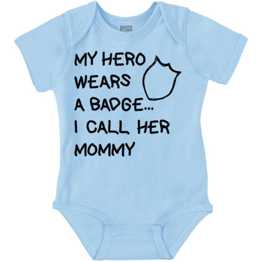 imageBrisco Brands My Hero Wears Badge I Call Her Mommy Baby Romper Boys or GirlsLight Blue