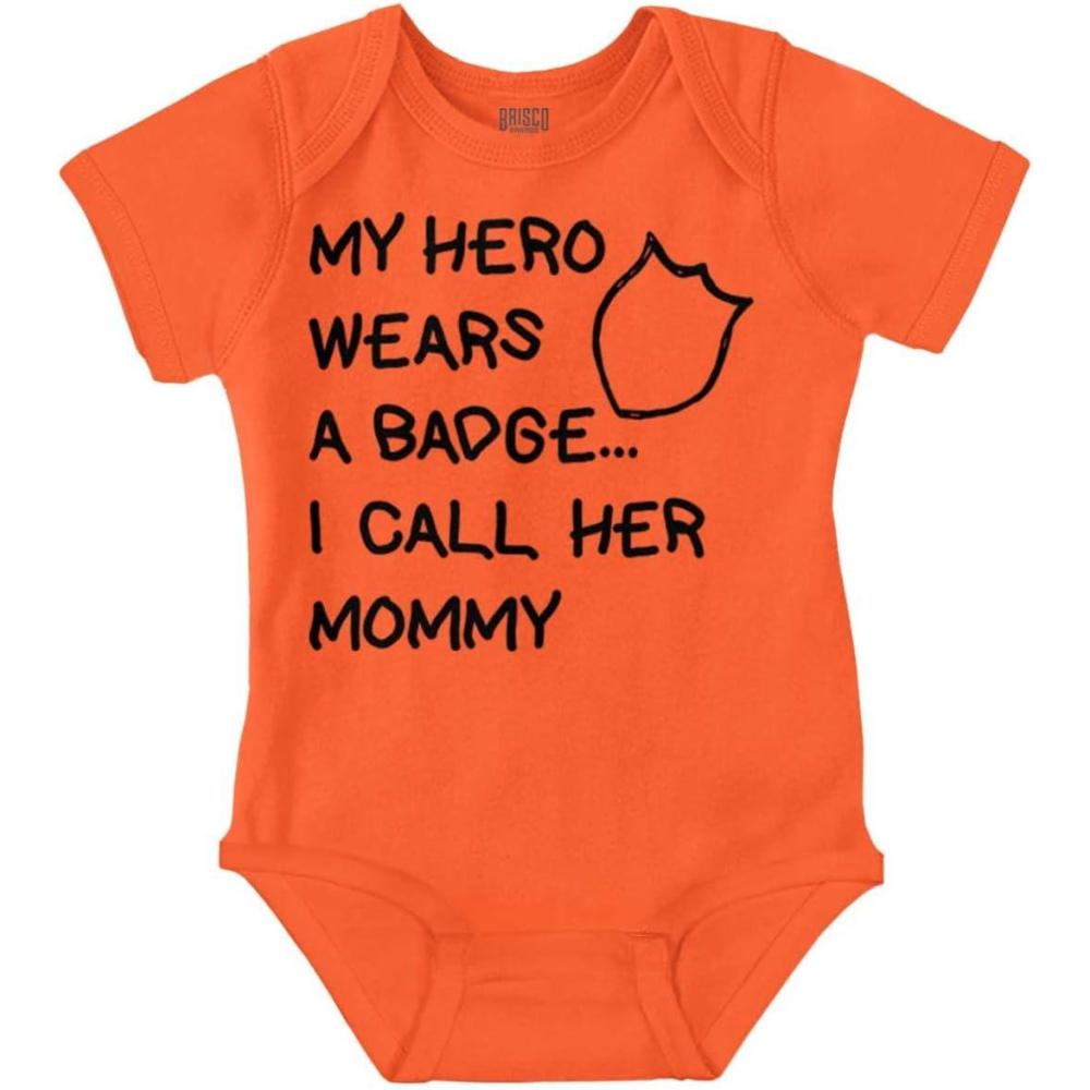 imageBrisco Brands My Hero Wears Badge I Call Her Mommy Baby Romper Boys or GirlsOrange