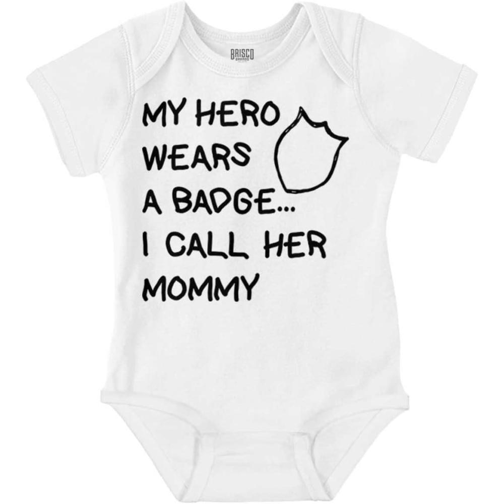 imageBrisco Brands My Hero Wears Badge I Call Her Mommy Baby Romper Boys or GirlsWhite