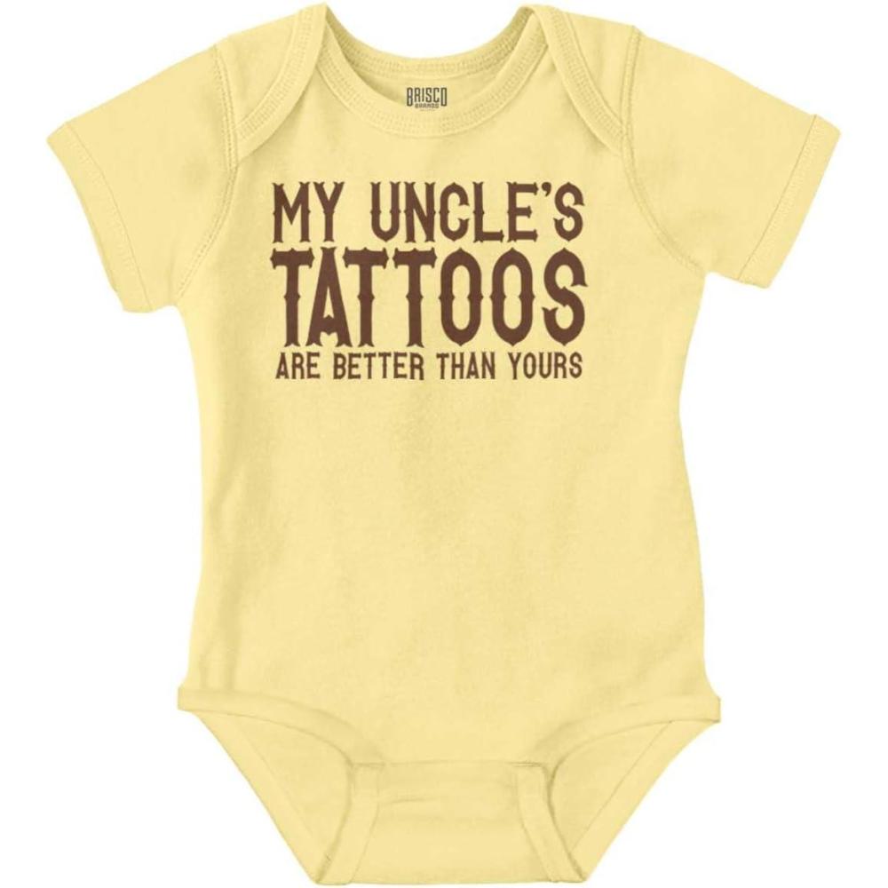 imageBrisco Brands My Uncles Tattoos Better Than Yours Baby Romper Boys or GirlsBanana