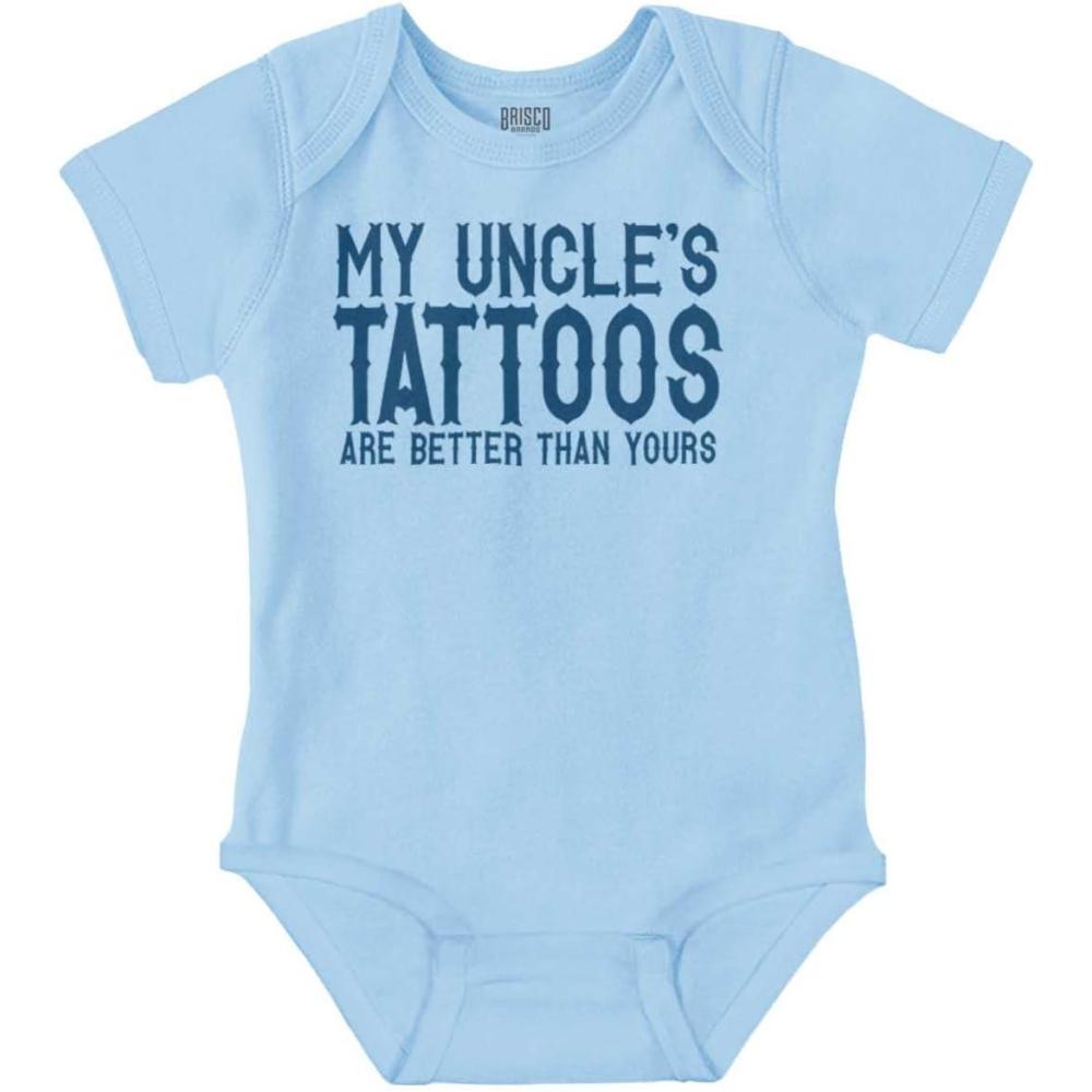 imageBrisco Brands My Uncles Tattoos Better Than Yours Baby Romper Boys or GirlsLight Blue