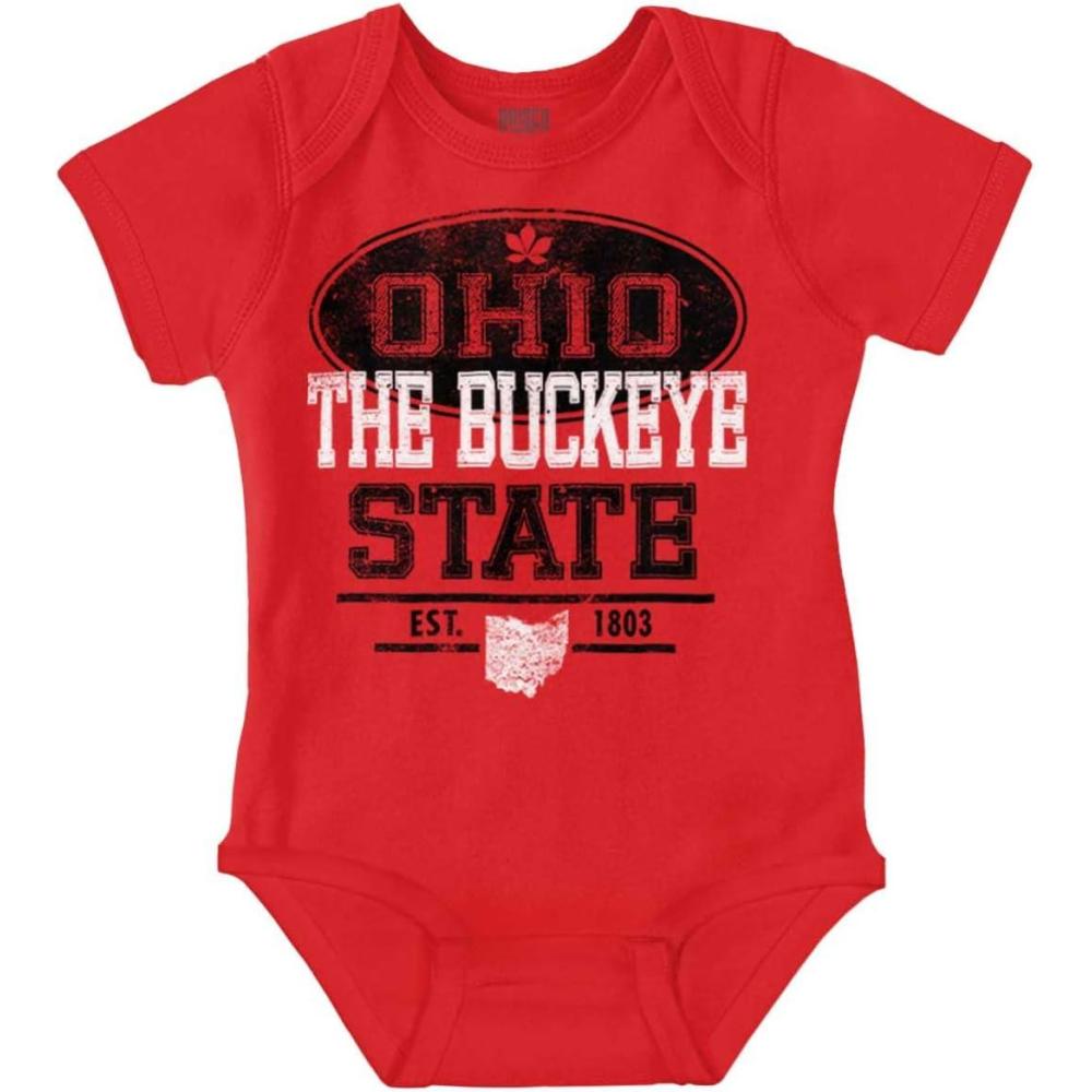 imageBrisco Brands Ohio OH Buckeye Leaf Logo Souvenir Baby Romper Boys or GirlsRed