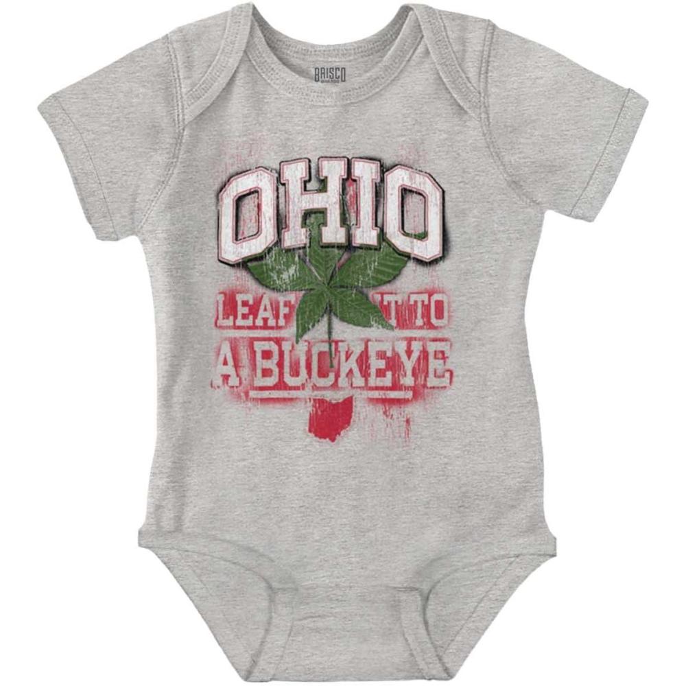 imageBrisco Brands Ohio Stenciled Buckeye Leaf OH Cool Baby Romper Boys or GirlsHeather