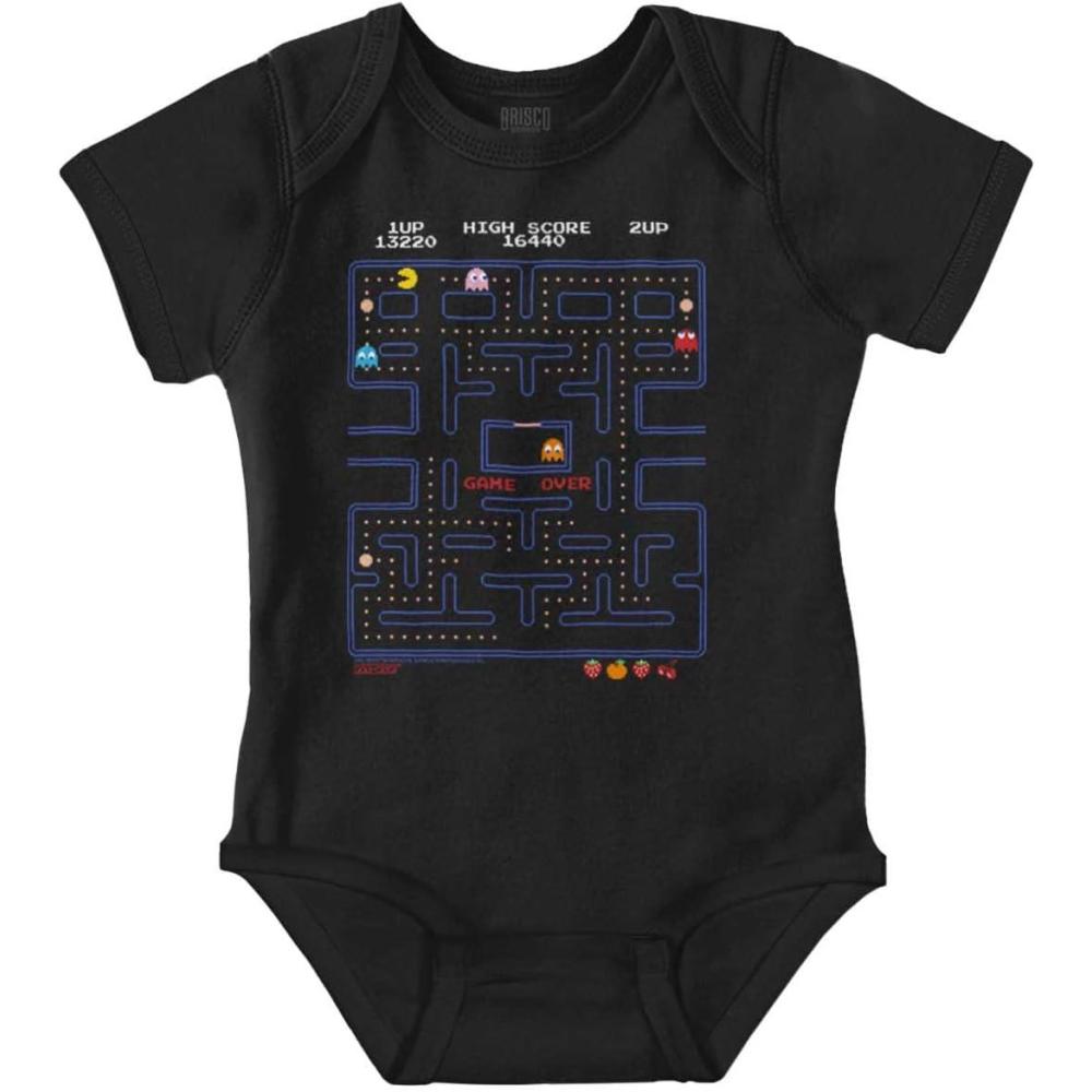 imageBrisco Brands PACMAN Game Over Retro Video Gaming Baby Romper Boys or GirlsBlack