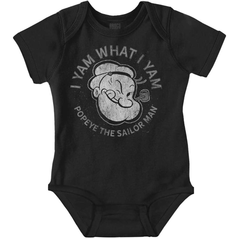 imageBrisco Brands Popeye Sailor Man Quote What I Yam Baby Romper Boys or GirlsBlack