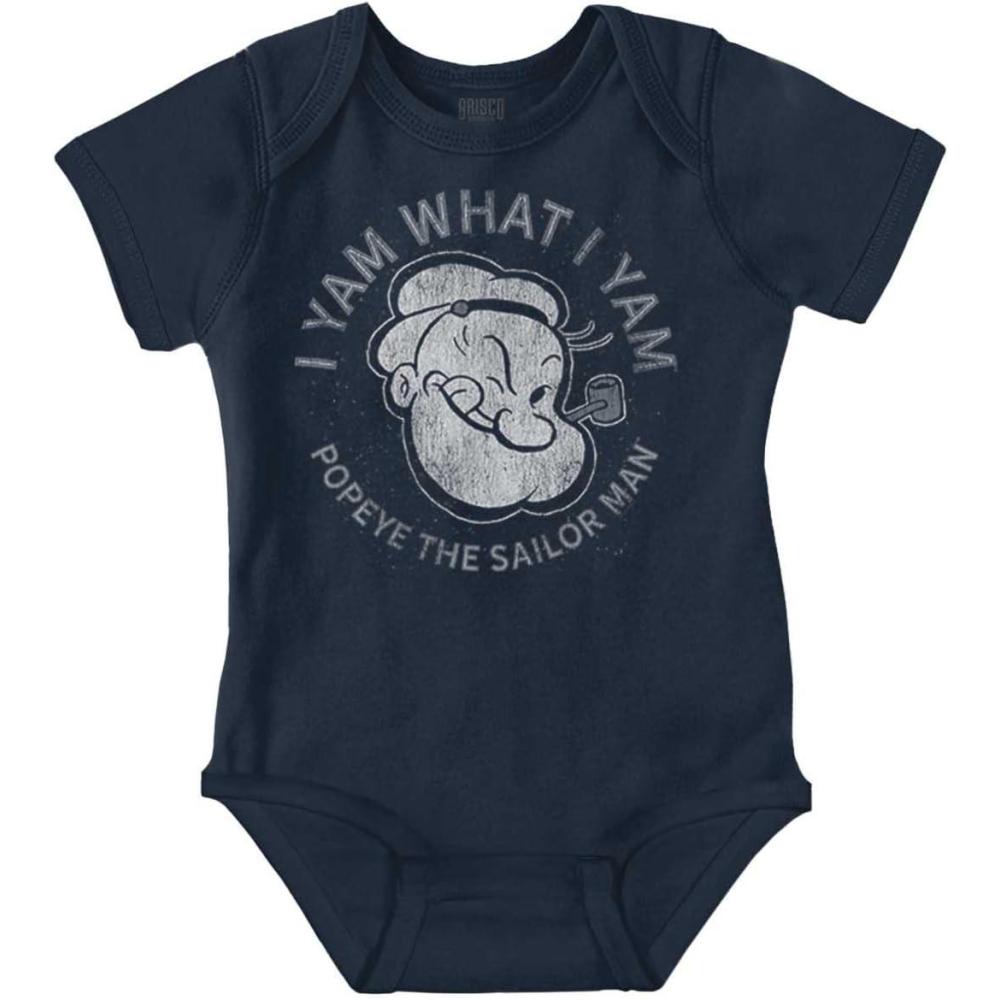 imageBrisco Brands Popeye Sailor Man Quote What I Yam Baby Romper Boys or GirlsNavy