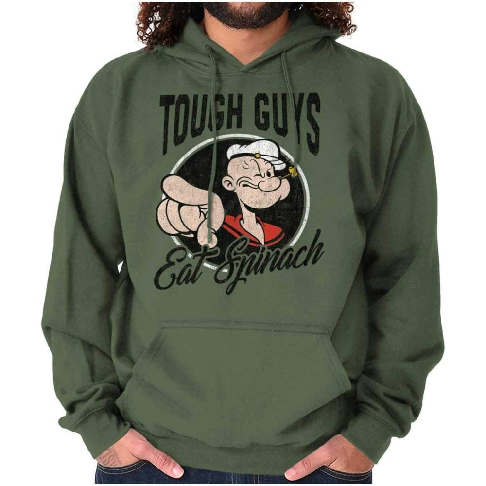 imageBrisco Brands Popeye Tough Guys Eat Spinach Funny Hoodie Hooded Sweatshirt MenMilitary Green