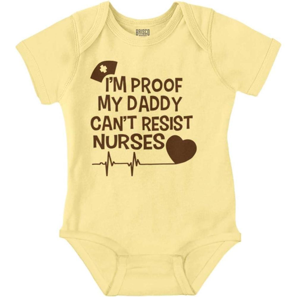 imageBrisco Brands Proof Daddy Cant Resist Nurses Heart Baby Romper Boys or GirlsBanana